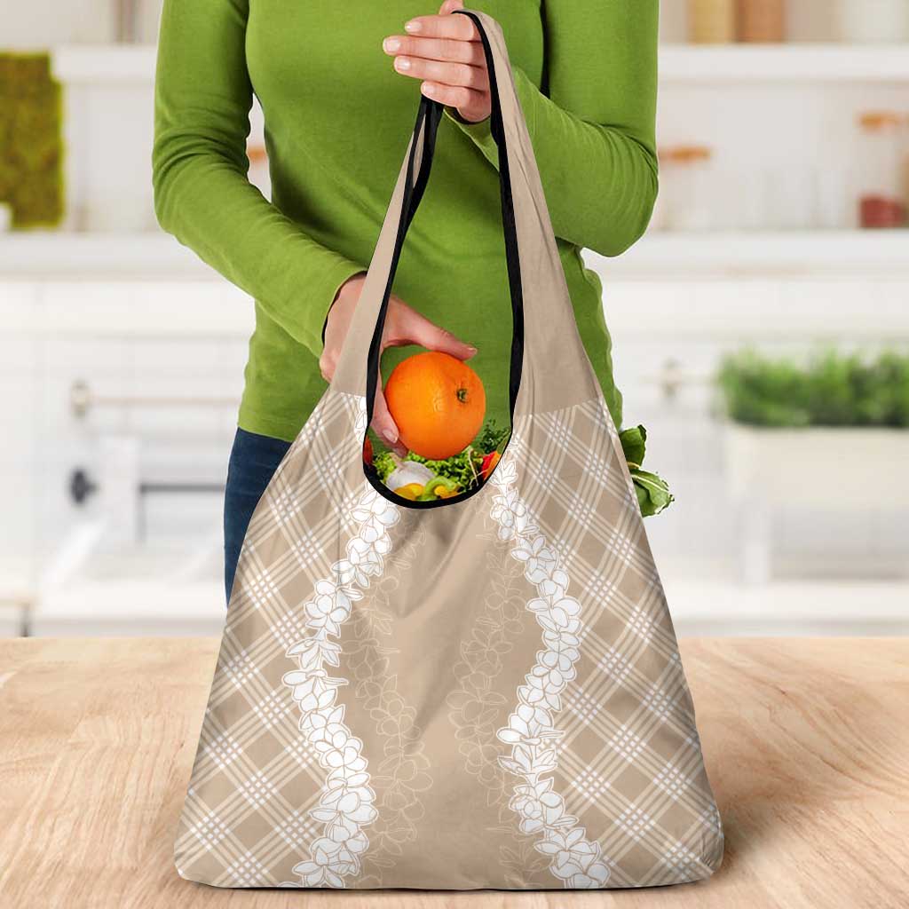 Hawaii Aloha Plumeria Lei Beige Palaka Grocery Bag - Polynesian Pride