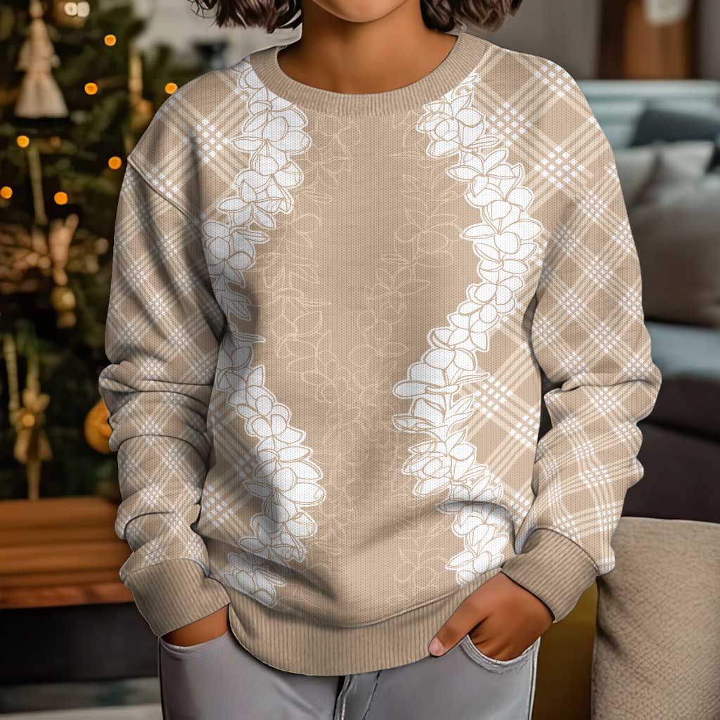 Hawaii Aloha Plumeria Lei Beige Palaka Kid Ugly Christmas Sweater - Polynesian Pride