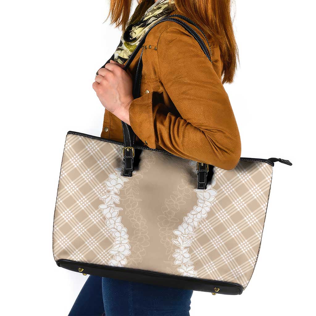 Hawaii Aloha Plumeria Lei Beige Palaka Leather Tote Bag - Polynesian Pride