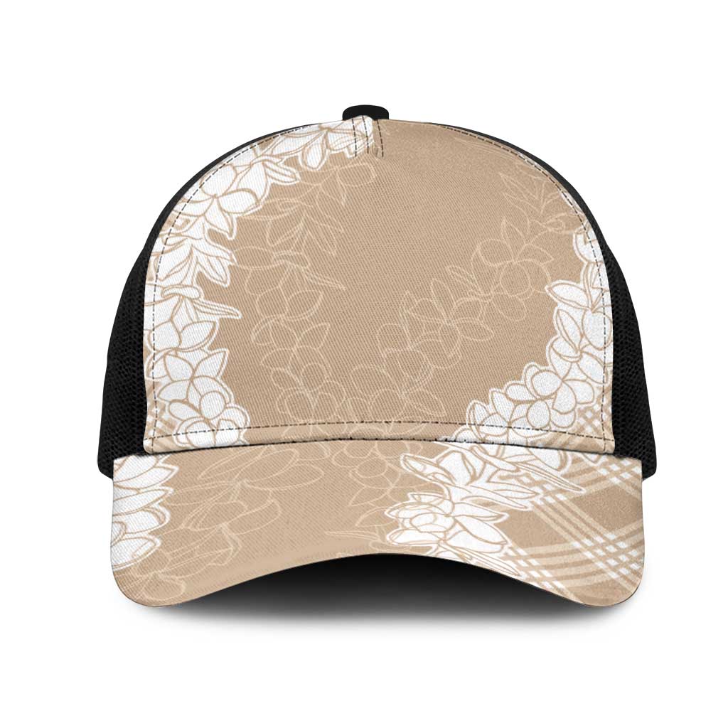 Hawaii Aloha Plumeria Lei Beige Palaka Mesh Trucker Cap - Polynesian Pride