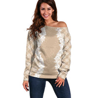 Hawaii Aloha Plumeria Lei Beige Palaka Off Shoulder Sweater - Polynesian Pride