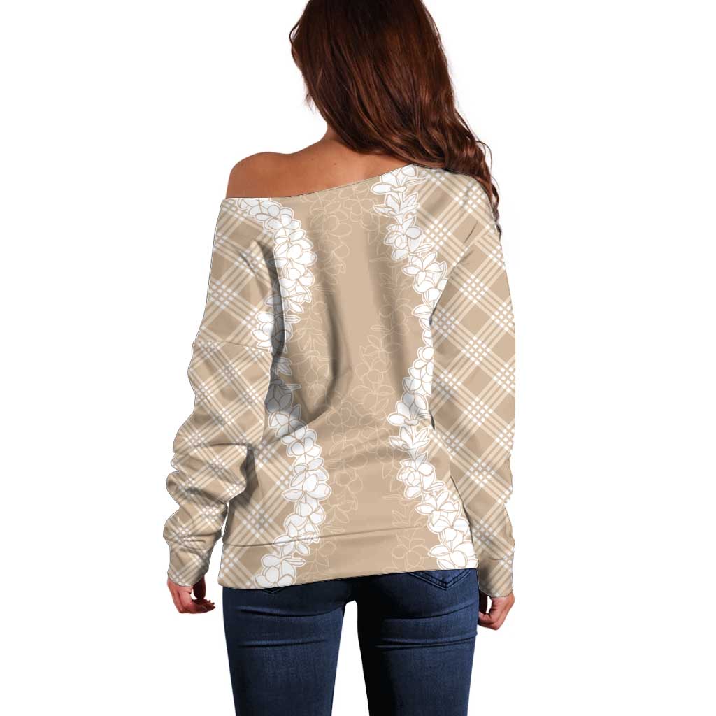Hawaii Aloha Plumeria Lei Beige Palaka Off Shoulder Sweater - Polynesian Pride