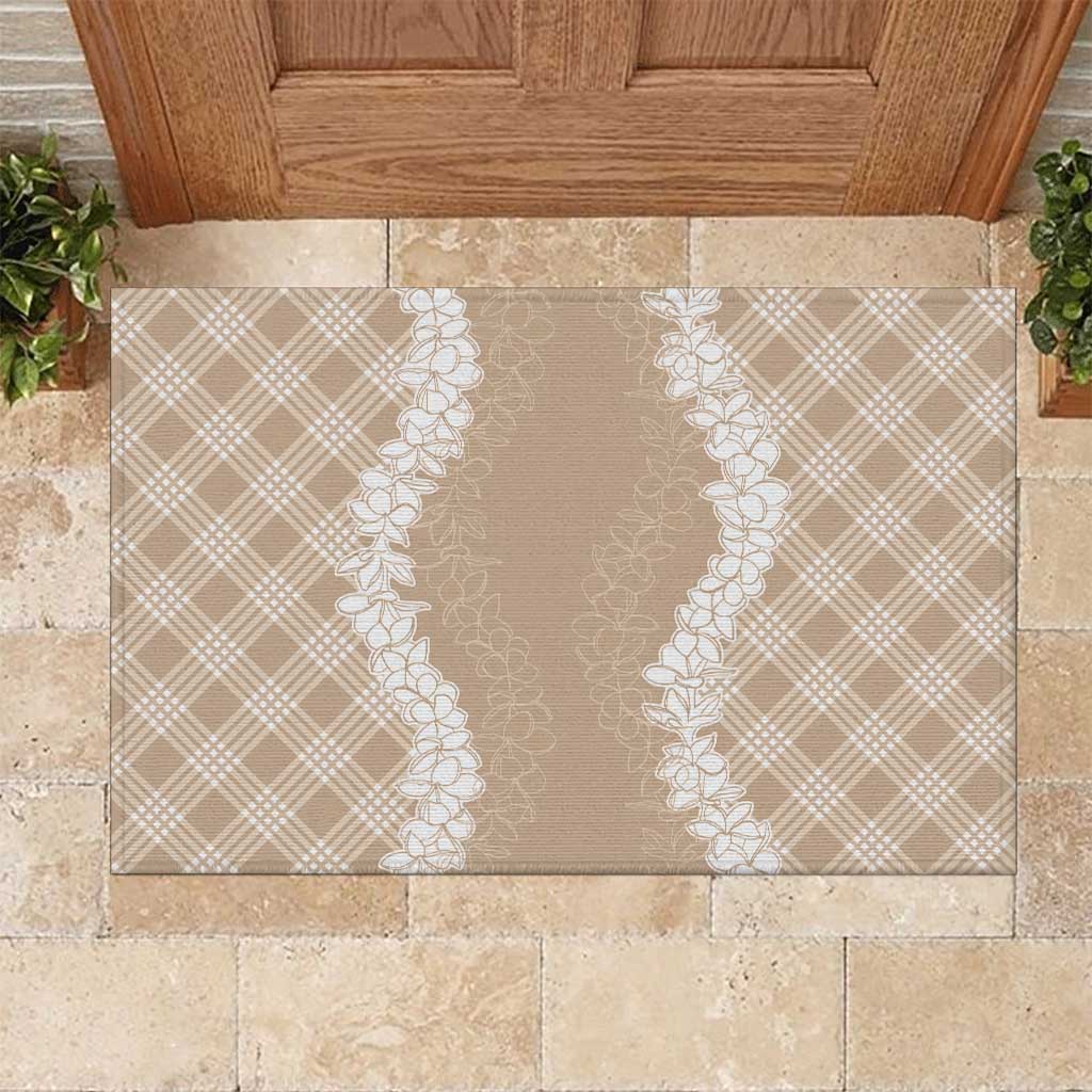 Hawaii Aloha Plumeria Lei Beige Palaka Rubber Doormat - Polynesian Pride