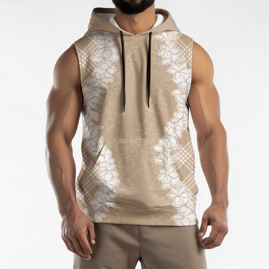 Hawaii Aloha Plumeria Lei Beige Palaka Sleeveless Hoodie - Polynesian Pride