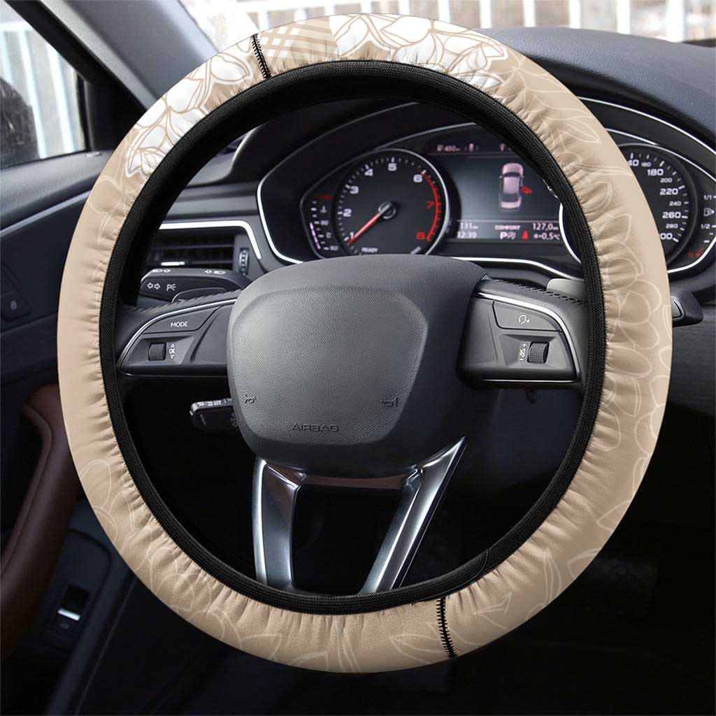Hawaii Aloha Plumeria Lei Beige Palaka Steering Wheel Cover - Polynesian Pride