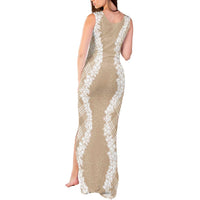 Hawaii Aloha Plumeria Lei Beige Palaka Tank Maxi Dress - Polynesian Pride