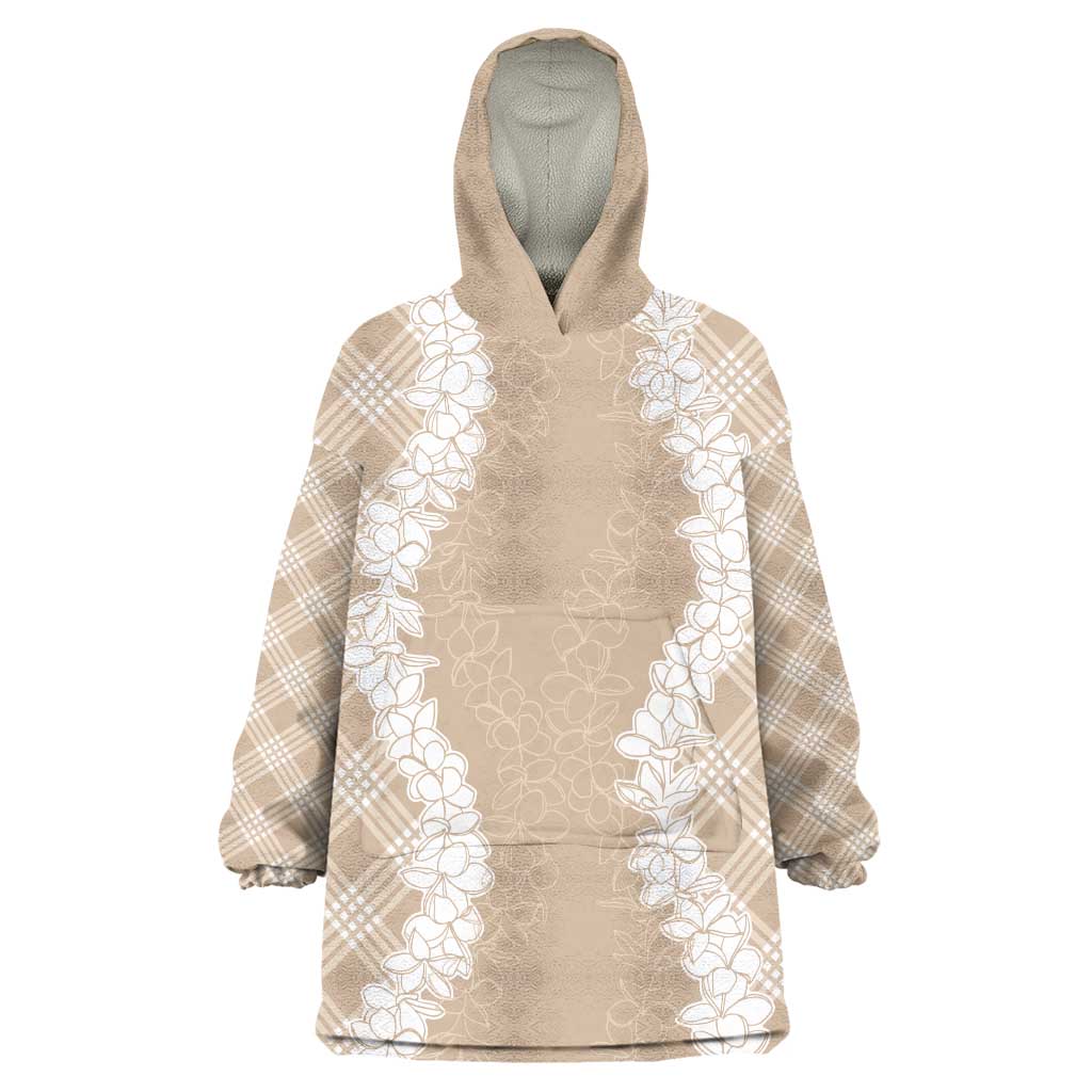 Hawaii Aloha Plumeria Lei Beige Palaka Wearable Blanket Hoodie - Polynesian Pride
