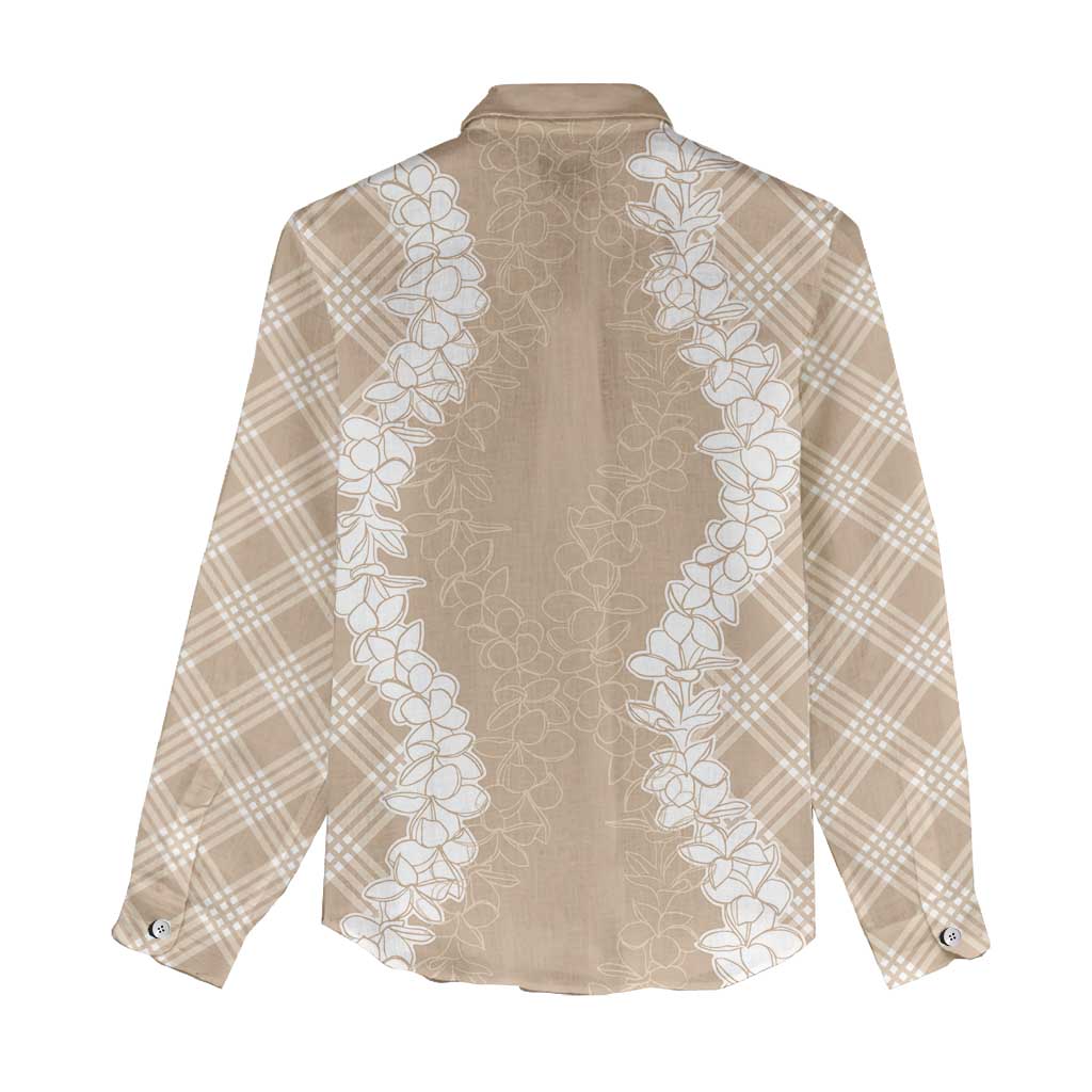 Hawaii Aloha Plumeria Lei Beige Palaka Women Casual Shirt - Polynesian Pride