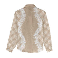 Hawaii Aloha Plumeria Lei Beige Palaka Women Casual Shirt - Polynesian Pride