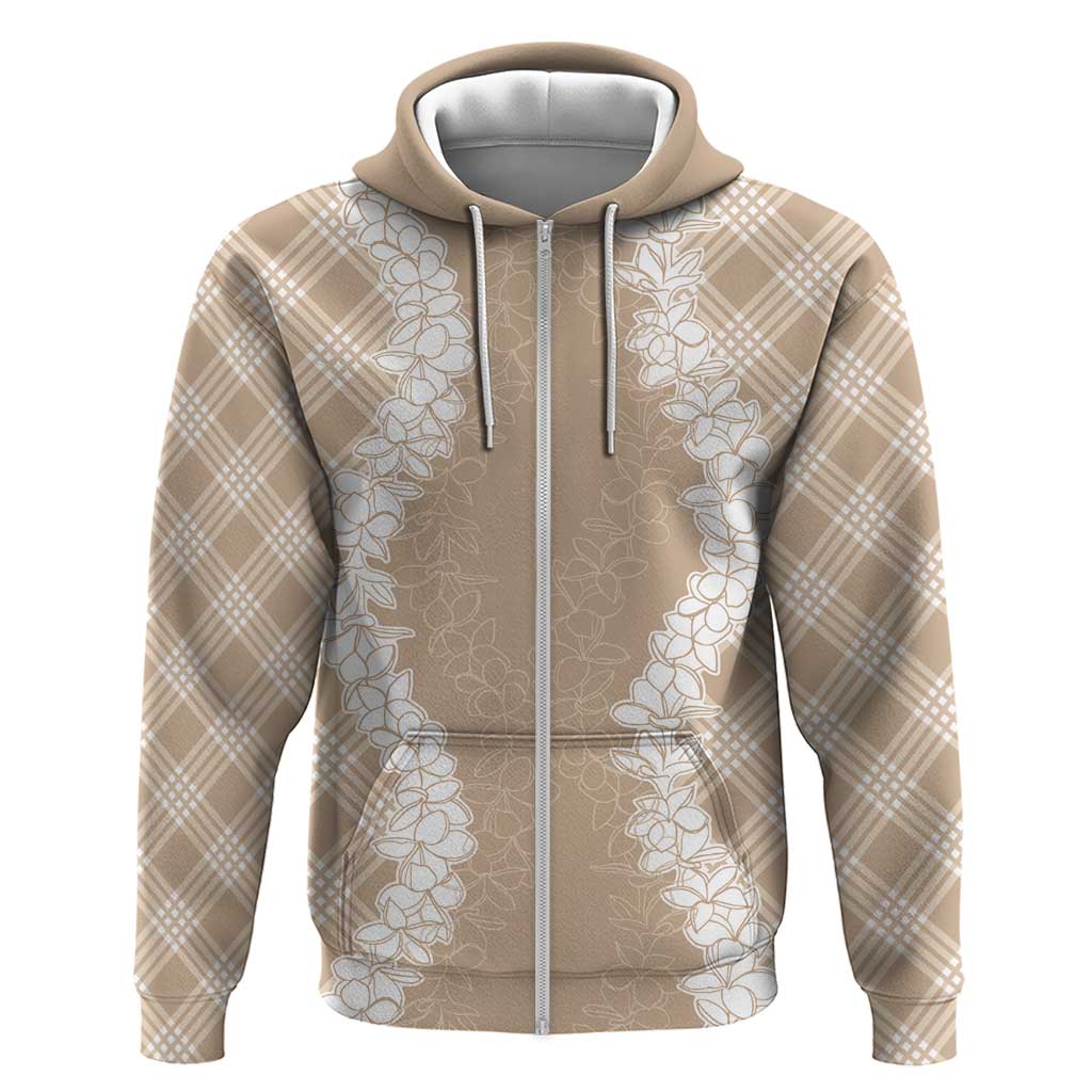 Hawaii Aloha Plumeria Lei Beige Palaka Zip Hoodie - Polynesian Pride