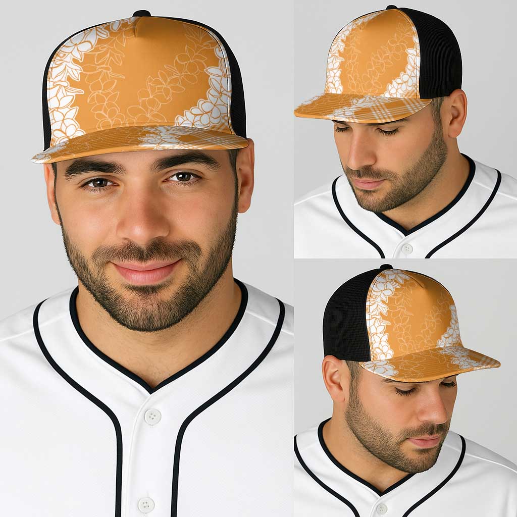 Hawaii Aloha Plumeria Lei Orange Palaka Baseball Net Cap - Polynesian Pride