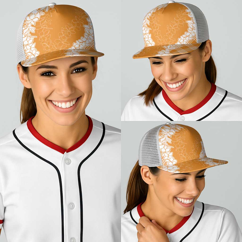 Hawaii Aloha Plumeria Lei Orange Palaka Baseball Net Cap - Polynesian Pride