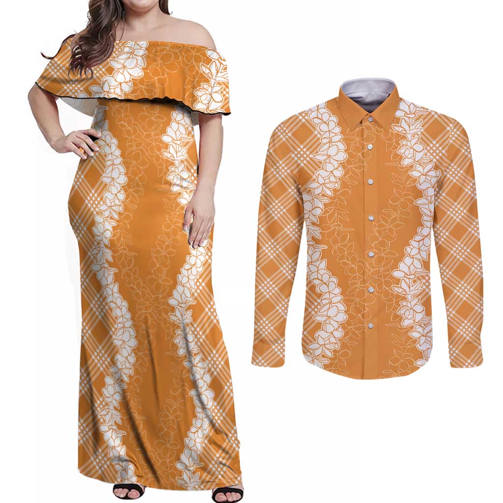 Hawaii Aloha Plumeria Lei Orange Palaka Couples Matching Off Shoulder Maxi Dress and Long Sleeve Button Shirt - Polynesian Pride