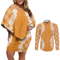 Hawaii Aloha Plumeria Lei Orange Palaka Couples Matching Off Shoulder Short Dress and Long Sleeve Button Shirt - Polynesian Pride