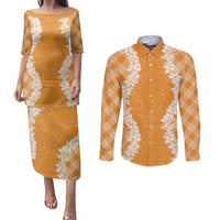Hawaii Aloha Plumeria Lei Orange Palaka Couples Matching Puletasi and Long Sleeve Button Shirt - Polynesian Pride