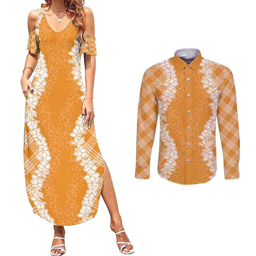 Hawaii Aloha Plumeria Lei Orange Palaka Couples Matching Summer Maxi Dress and Long Sleeve Button Shirt - Polynesian Pride