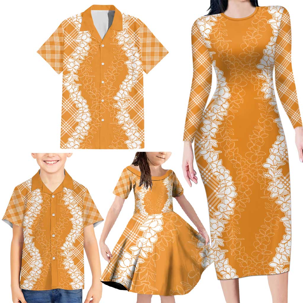 Hawaii Aloha Plumeria Lei Orange Palaka Family Matching Long Sleeve Bodycon Dress and Hawaiian Shirt LT7 - Polynesian Pride