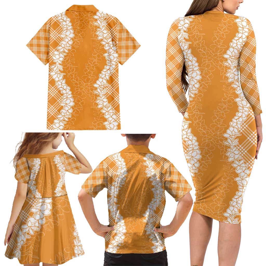 Hawaii Aloha Plumeria Lei Orange Palaka Family Matching Long Sleeve Bodycon Dress and Hawaiian Shirt LT7 - Polynesian Pride