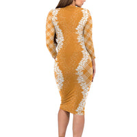 Hawaii Aloha Plumeria Lei Orange Palaka Family Matching Long Sleeve Bodycon Dress and Hawaiian Shirt LT7 - Polynesian Pride