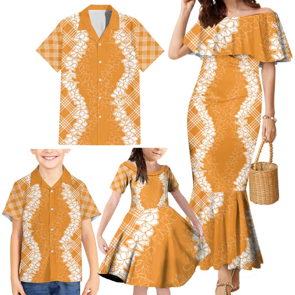Hawaii Aloha Plumeria Lei Orange Palaka Family Matching Mermaid Dress and Hawaiian Shirt LT7 - Polynesian Pride