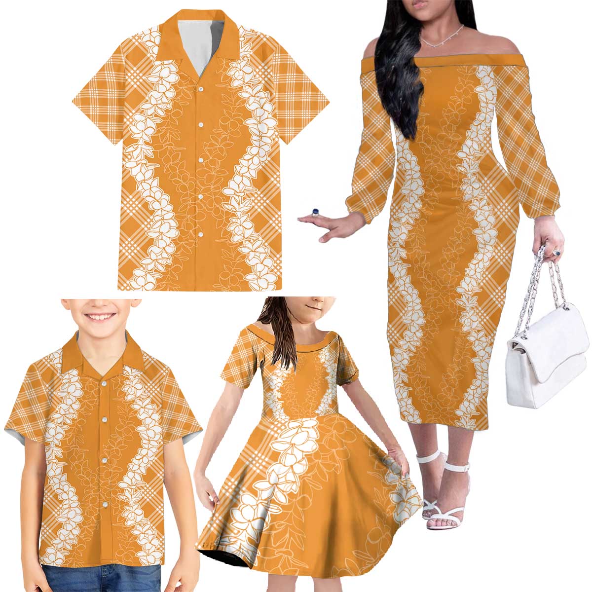 Hawaii Aloha Plumeria Lei Orange Palaka Family Matching Off The Shoulder Long Sleeve Dress and Hawaiian Shirt LT7 - Polynesian Pride