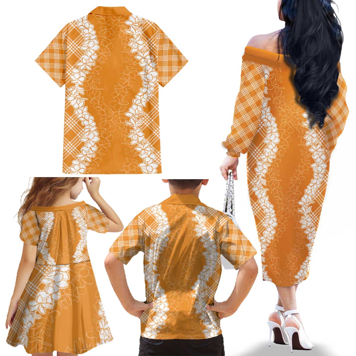 Hawaii Aloha Plumeria Lei Orange Palaka Family Matching Off The Shoulder Long Sleeve Dress and Hawaiian Shirt LT7 - Polynesian Pride