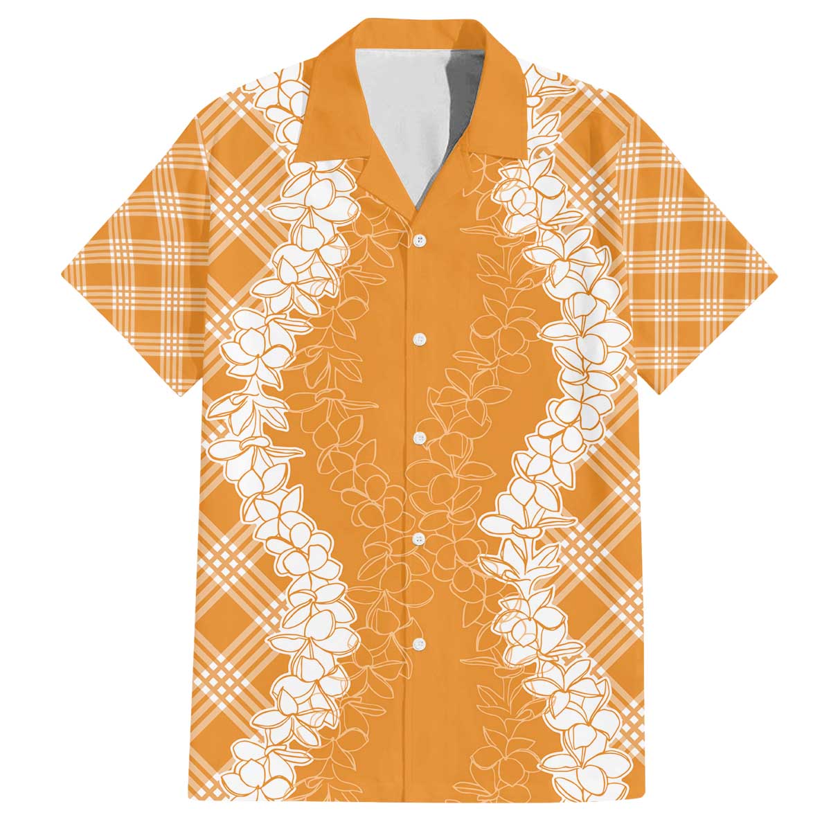 Hawaii Aloha Plumeria Lei Orange Palaka Family Matching Off The Shoulder Long Sleeve Dress and Hawaiian Shirt LT7 Dad's Shirt - Short Sleeve Orange - Polynesian Pride