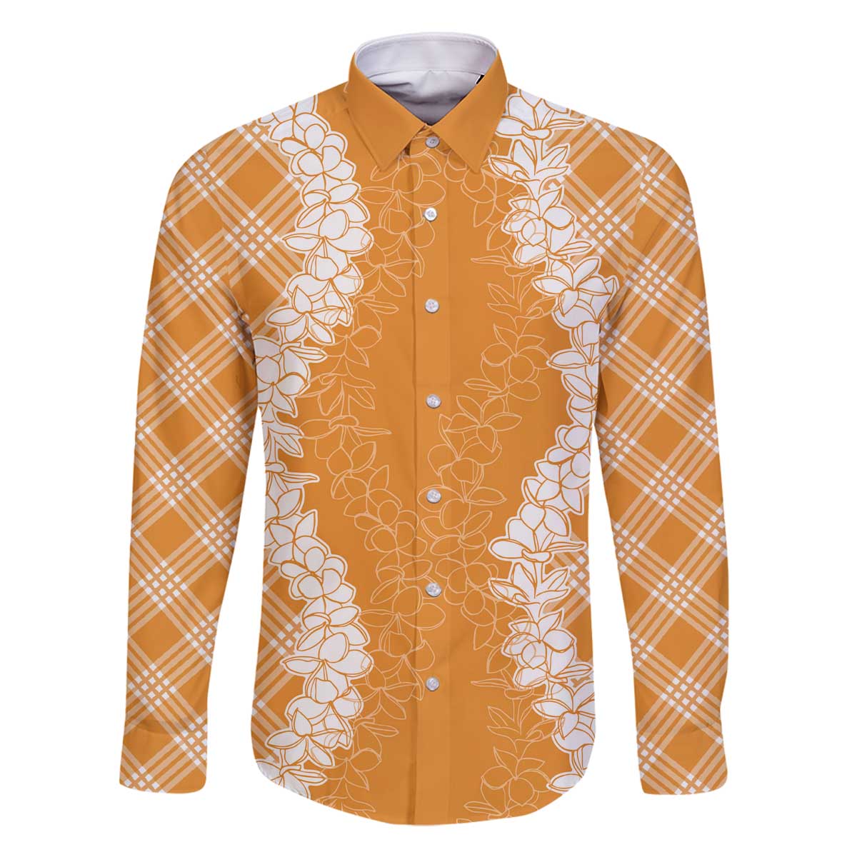 Hawaii Aloha Plumeria Lei Orange Palaka Family Matching Off The Shoulder Long Sleeve Dress and Hawaiian Shirt LT7 Dad's Shirt - Long Sleeve Orange - Polynesian Pride