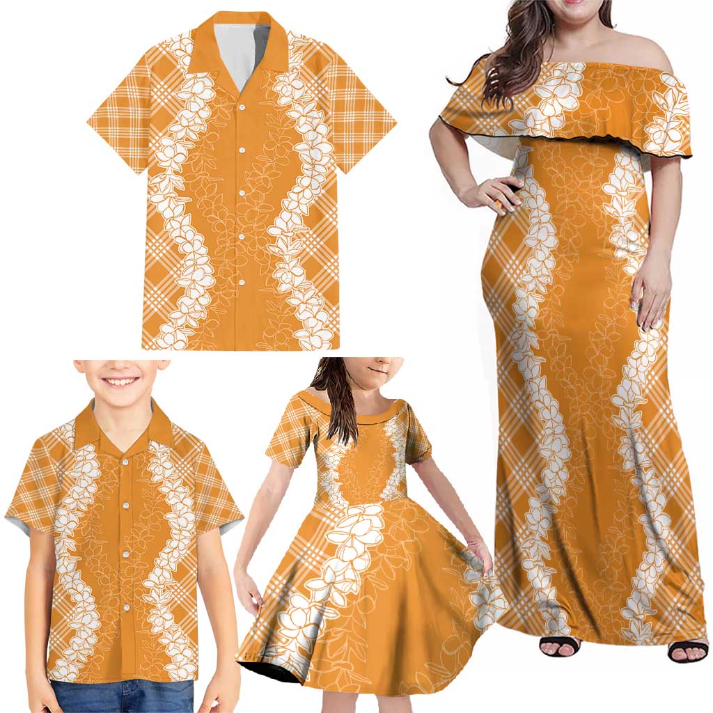 Hawaii Aloha Plumeria Lei Orange Palaka Family Matching Off Shoulder Maxi Dress and Hawaiian Shirt LT7 - Polynesian Pride