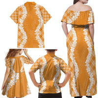 Hawaii Aloha Plumeria Lei Orange Palaka Family Matching Off Shoulder Maxi Dress and Hawaiian Shirt LT7 - Polynesian Pride