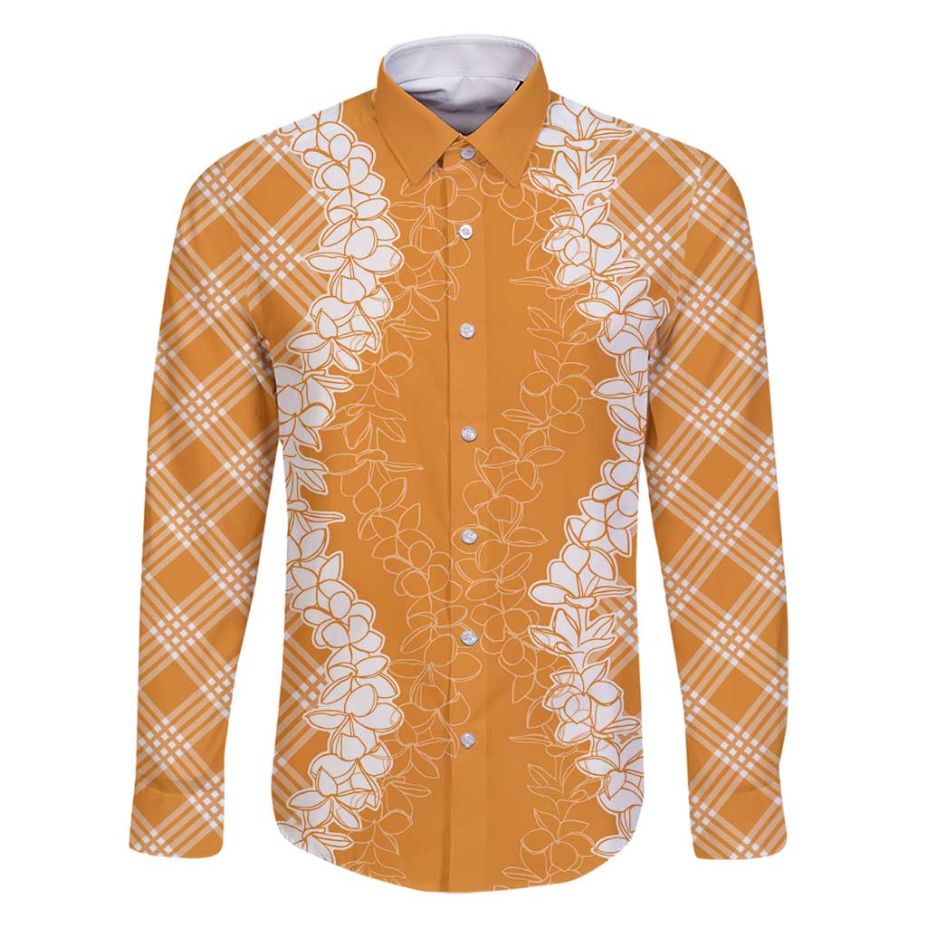 Hawaii Aloha Plumeria Lei Orange Palaka Family Matching Off Shoulder Maxi Dress and Hawaiian Shirt LT7 Dad's Shirt - Long Sleeve Orange - Polynesian Pride