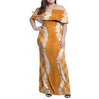 Hawaii Aloha Plumeria Lei Orange Palaka Family Matching Off Shoulder Maxi Dress and Hawaiian Shirt LT7 Mom's Dress Orange - Polynesian Pride