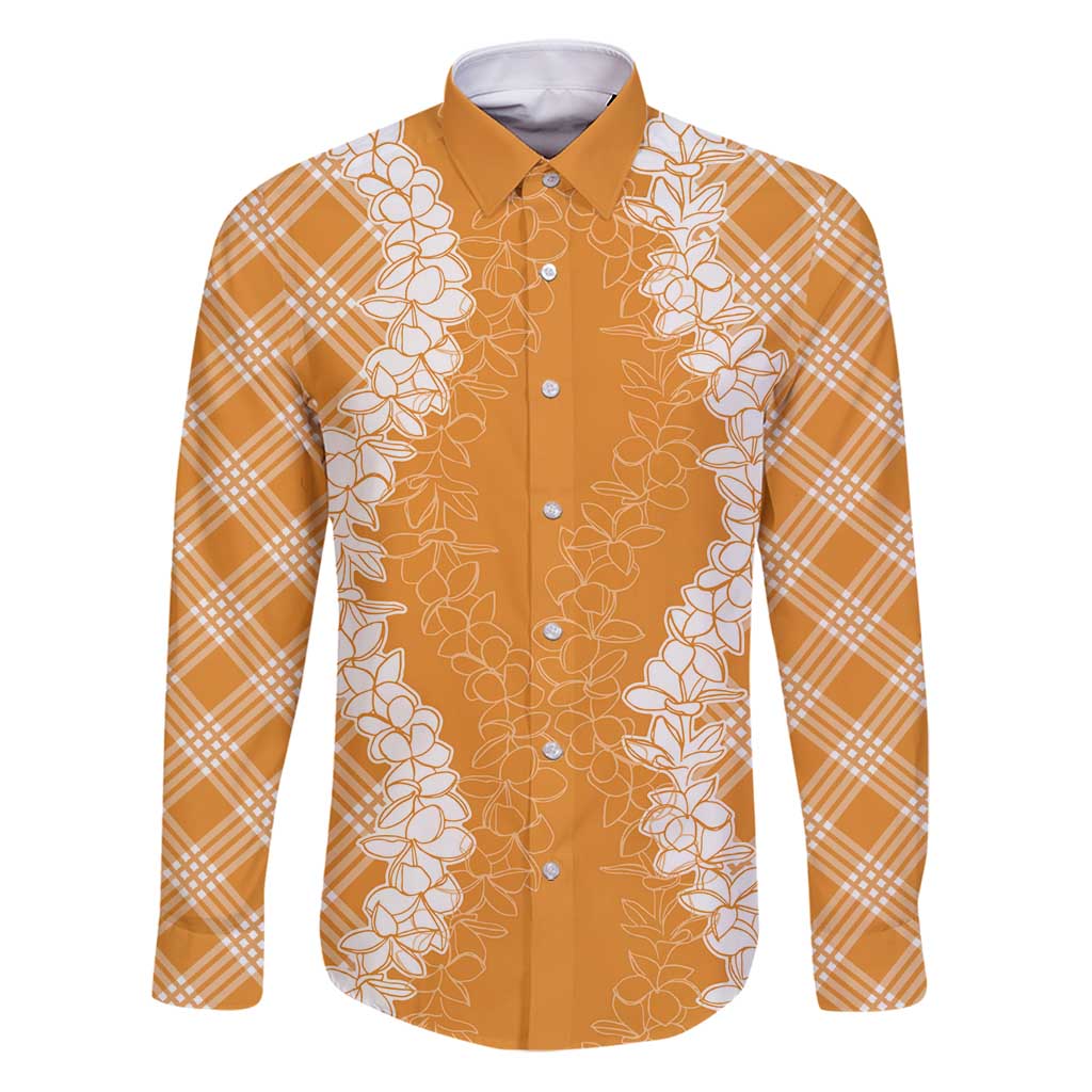 Hawaii Aloha Plumeria Lei Orange Palaka Family Matching Puletasi and Hawaiian Shirt LT7 Dad's Shirt - Long Sleeve Orange - Polynesian Pride