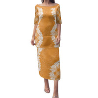 Hawaii Aloha Plumeria Lei Orange Palaka Family Matching Puletasi and Hawaiian Shirt LT7 Mom's Dress Orange - Polynesian Pride