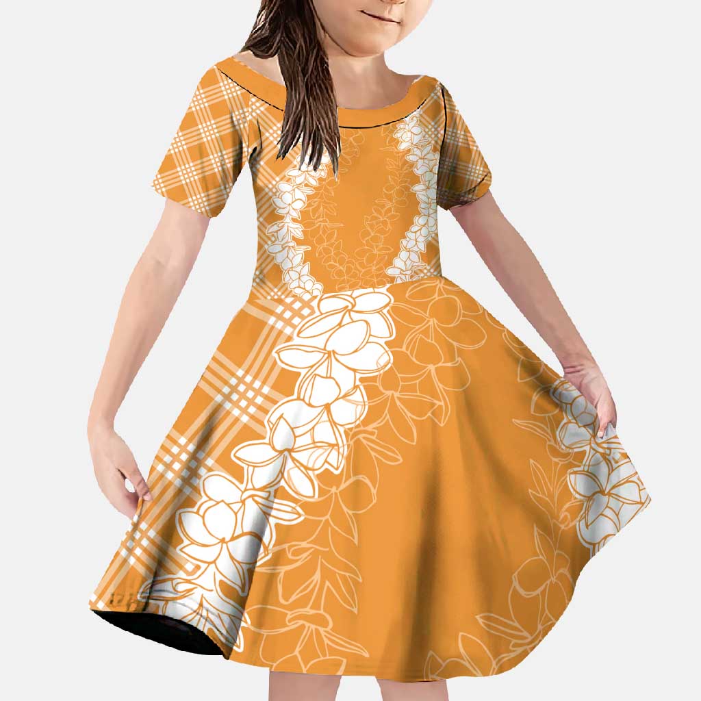 Hawaii Aloha Plumeria Lei Orange Palaka Family Matching Short Sleeve Bodycon Dress and Hawaiian Shirt LT7 Daughter's Dress Orange - Polynesian Pride