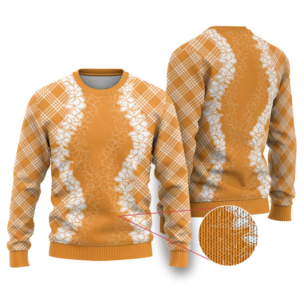 Hawaii Aloha Plumeria Lei Orange Palaka Ugly Christmas Sweater - Polynesian Pride