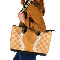 Hawaii Aloha Plumeria Lei Orange Palaka Leather Tote Bag - Polynesian Pride