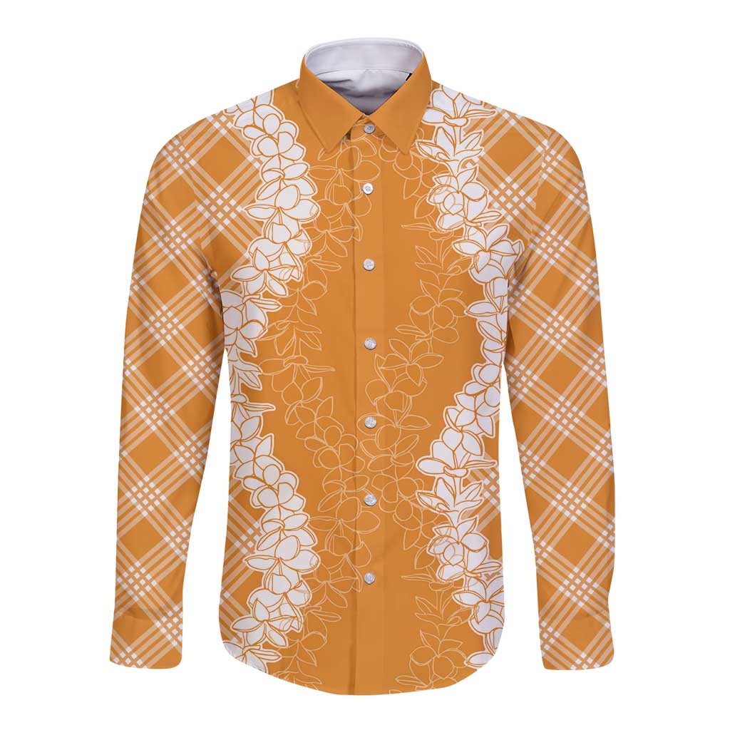 Hawaii Aloha Plumeria Lei Orange Palaka Long Sleeve Button Shirt - Polynesian Pride