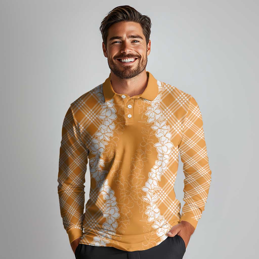 Hawaii Aloha Plumeria Lei Orange Palaka Long Sleeve Polo Shirt - Polynesian Pride