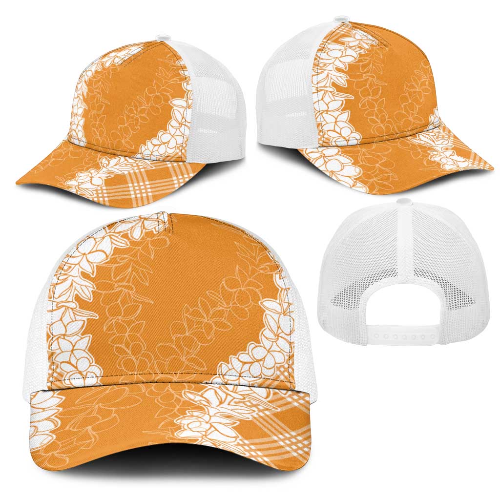 Hawaii Aloha Plumeria Lei Orange Palaka Mesh Trucker Cap - Polynesian Pride