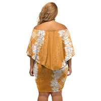 Hawaii Aloha Plumeria Lei Orange Palaka Off Shoulder Short Dress - Polynesian Pride