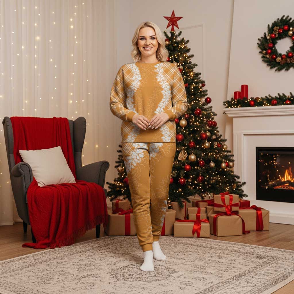 Hawaii Aloha Plumeria Lei Orange Palaka Christmas Pajama Set - Polynesian Pride