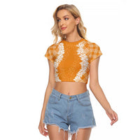Hawaii Aloha Plumeria Lei Orange Palaka Raglan Cropped T Shirt - Polynesian Pride