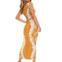 Hawaii Aloha Plumeria Lei Orange Palaka Short Sleeve Bodycon Dress - Polynesian Pride