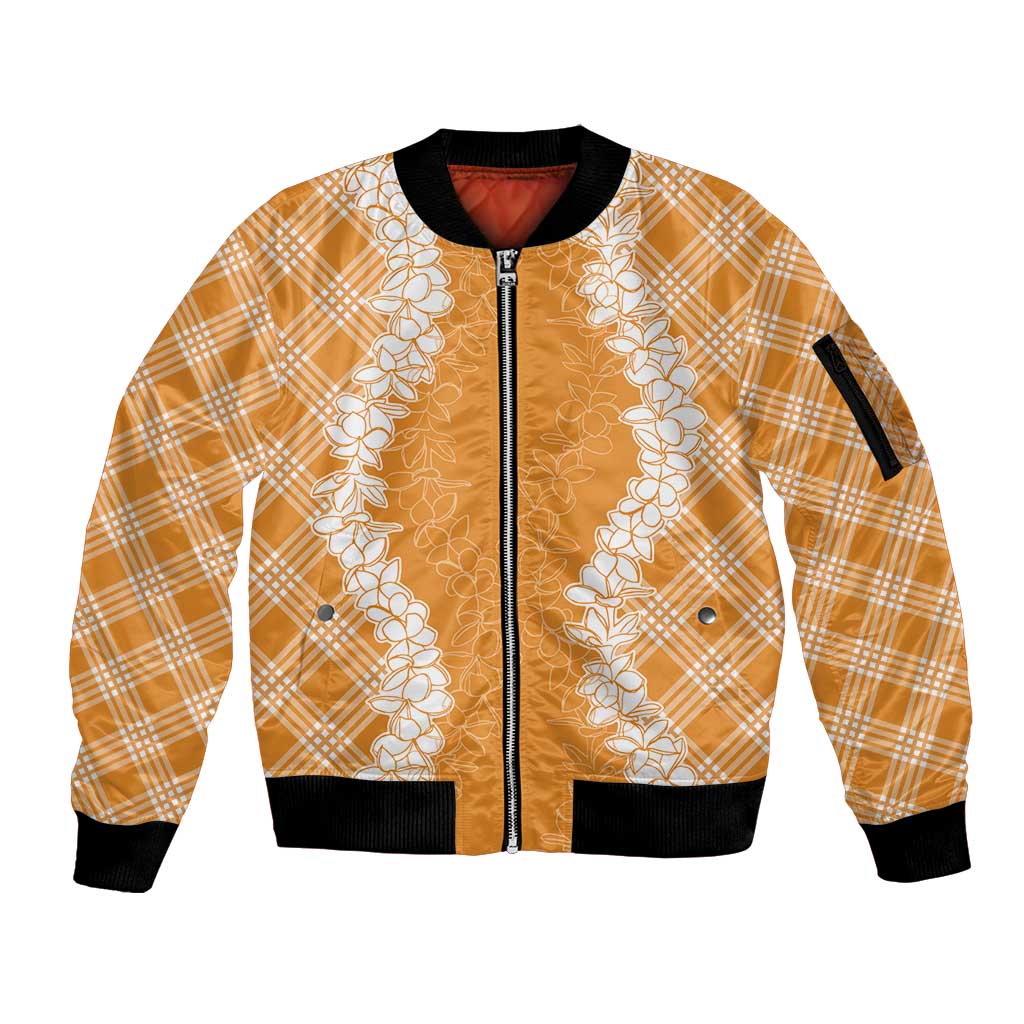 Hawaii Aloha Plumeria Lei Orange Palaka Sleeve Zip Bomber Jacket LT7 Unisex Orange - Polynesian Pride