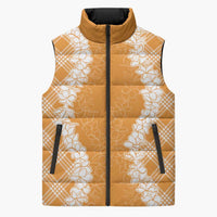 Hawaii Aloha Plumeria Lei Orange Palaka Sleeveless Puffer Jacket - Polynesian Pride