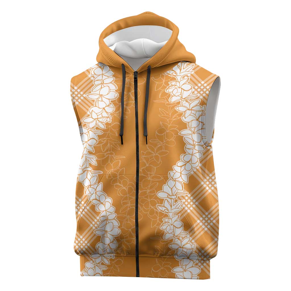 Hawaii Aloha Plumeria Lei Orange Palaka Sleeveless Zip Hoodie - Polynesian Pride