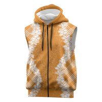 Hawaii Aloha Plumeria Lei Orange Palaka Sleeveless Zip Hoodie - Polynesian Pride