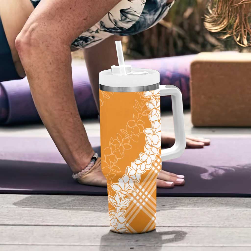 Hawaii Aloha Plumeria Lei Orange Palaka Tumbler With Handle - Polynesian Pride