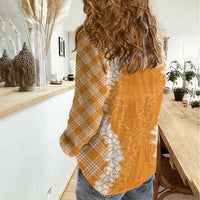 Hawaii Aloha Plumeria Lei Orange Palaka Women Casual Shirt - Polynesian Pride